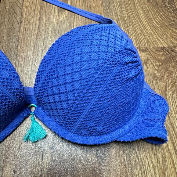 Aerie Women’s Blue Lace Underwire Push Up Halter Bikini Top Size 36C Tassel - Picture 3 of 7